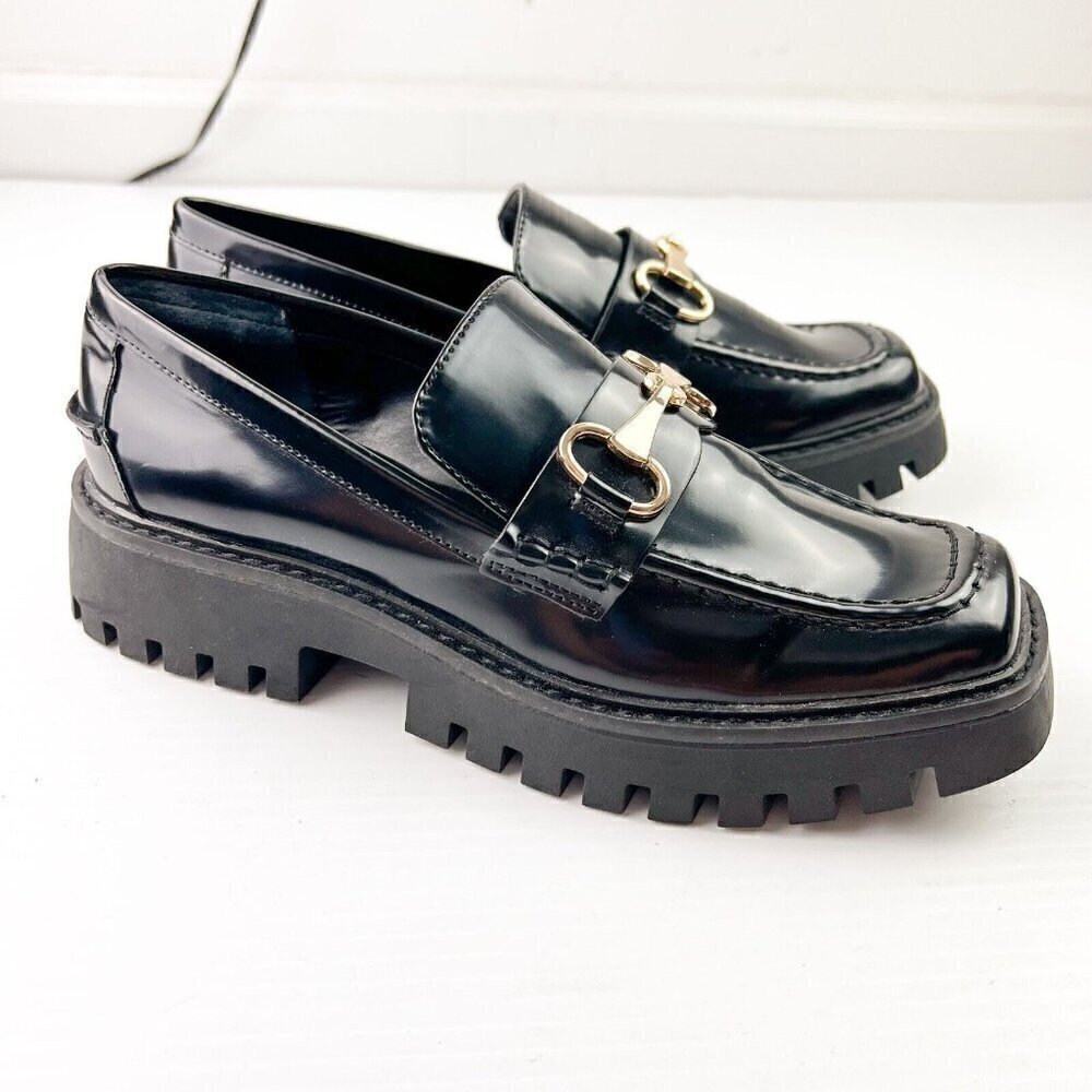 Open Edit Nordstrom Heather Platform Bit Loafer Women Black Leather Size 7M NEW - Picture 6 of 13